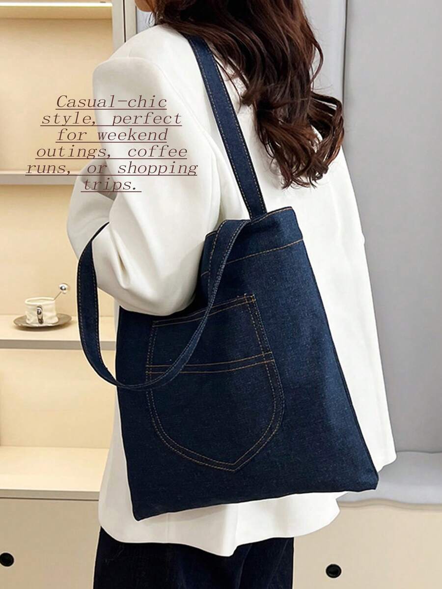 Aesthetic Denim Tote Bag Casual Shoulder Bag For Woman Large Capacity Handbag Daily Commute Bag Travel Bag Work Bag Shopping Bag Travel Essential