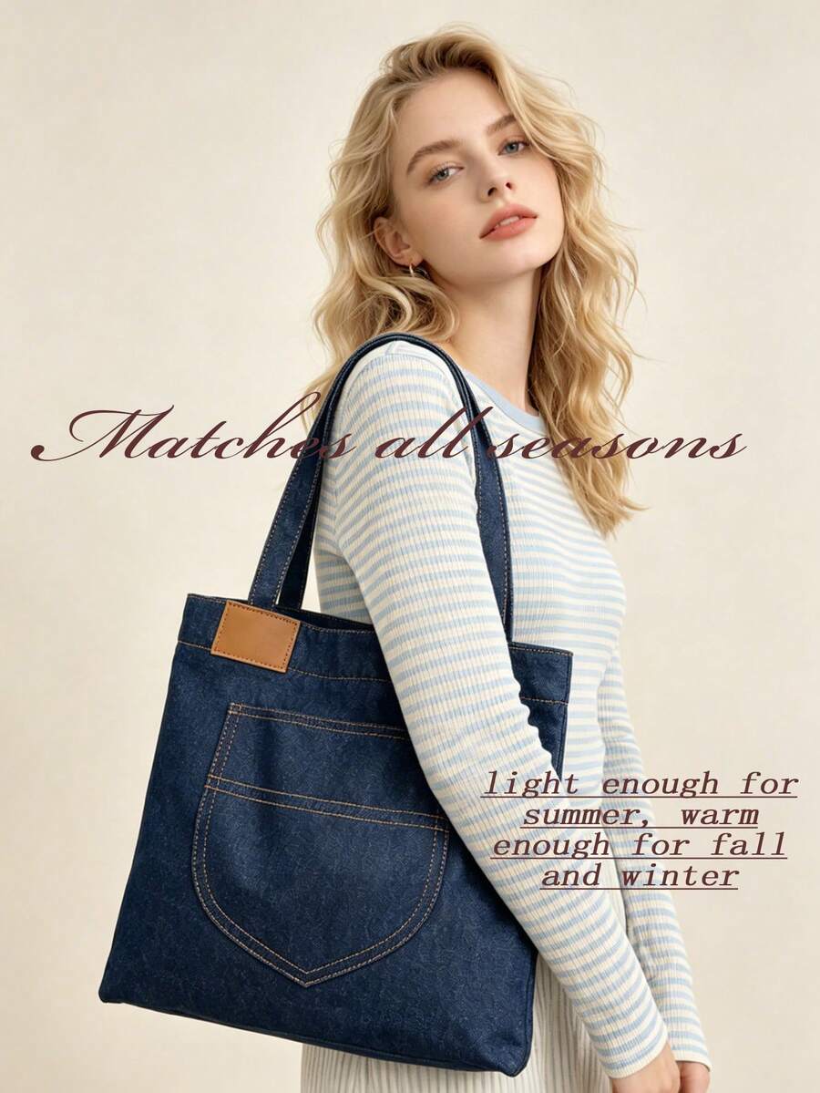 Aesthetic Denim Tote Bag Casual Shoulder Bag For Woman Large Capacity Handbag Daily Commute Bag Travel Bag Work Bag Shopping Bag Travel Essential