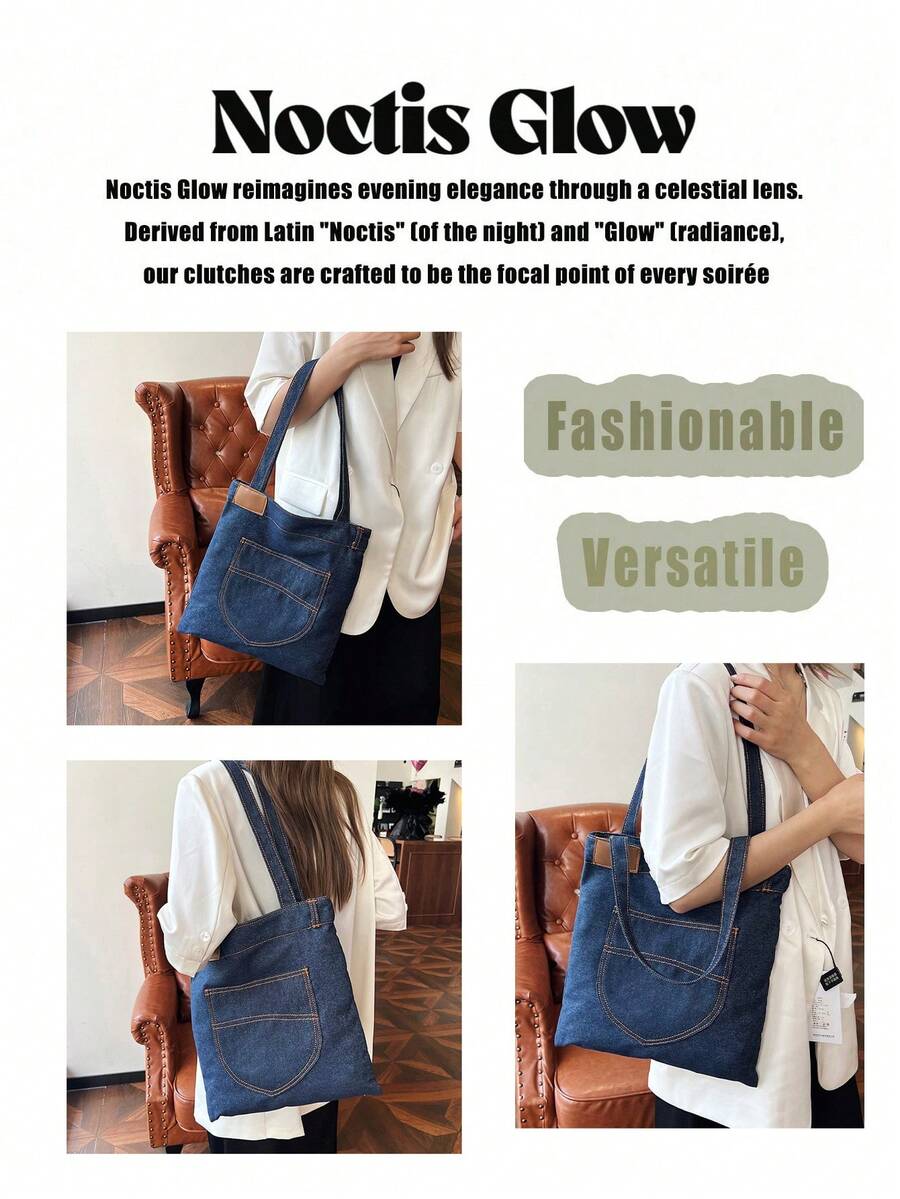 Aesthetic Denim Tote Bag Casual Shoulder Bag For Woman Large Capacity Handbag Daily Commute Bag Travel Bag Work Bag Shopping Bag Travel Essential
