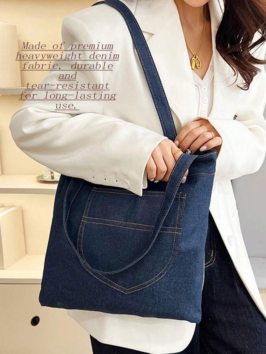 Aesthetic Denim Tote Bag Casual Shoulder Bag For Woman Large Capacity Handbag Daily Commute Bag Travel Bag Work Bag Shopping Bag Travel Essential