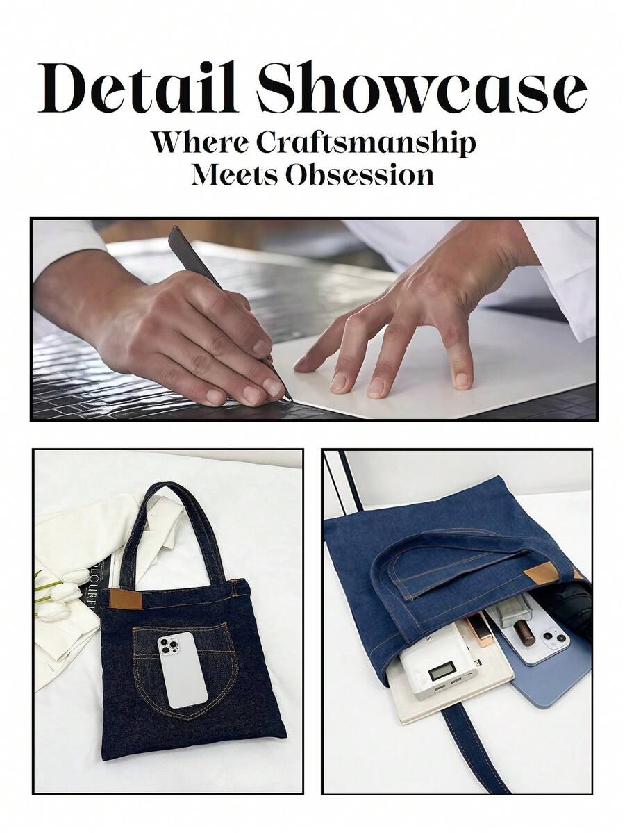 Aesthetic Denim Tote Bag Casual Shoulder Bag For Woman Large Capacity Handbag Daily Commute Bag Travel Bag Work Bag Shopping Bag Travel Essential