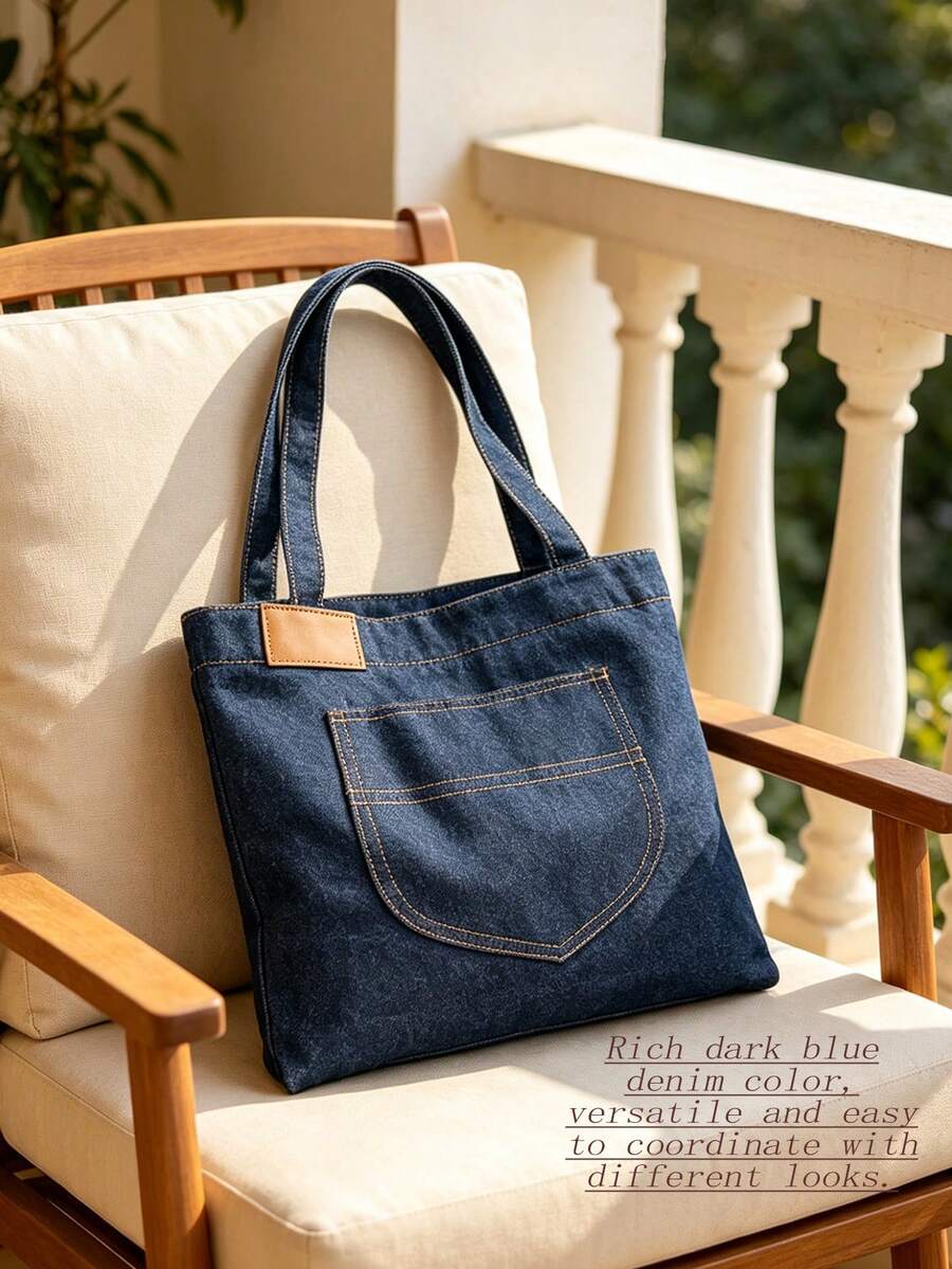 Aesthetic Denim Tote Bag Casual Shoulder Bag For Woman Large Capacity Handbag Daily Commute Bag Travel Bag Work Bag Shopping Bag Travel Essential