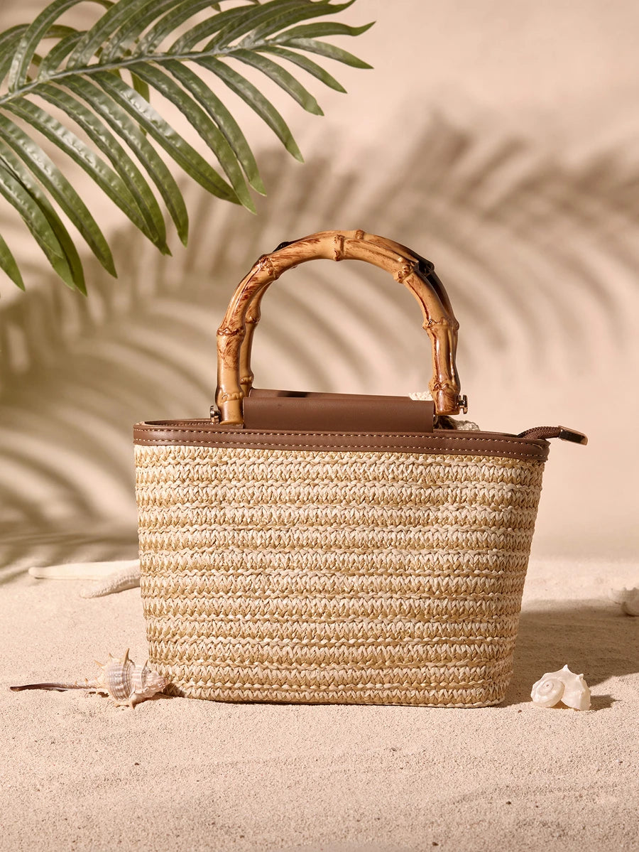 Tropiscape Handmade Woven Bamboo Knot Tote Handbag| Quality Woven Straw + Durable PU Leather Patchwork, Japanese Vintage Style| Bamboo Handle Design Convertible To Handheld Or Shoulder Bag, Large Ca