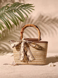 Tropiscape Handmade Woven Bamboo Knot Tote Handbag| Quality Woven Straw + Durable PU Leather Patchwork, Japanese Vintage Style| Bamboo Handle Design Convertible To Handheld Or Shoulder Bag, Large Ca