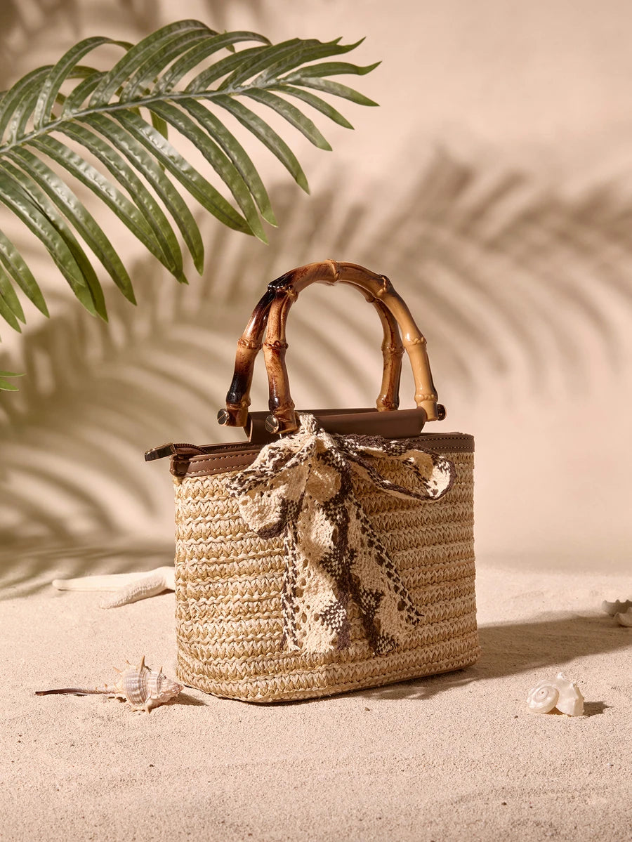 Tropiscape Handmade Woven Bamboo Knot Tote Handbag| Quality Woven Straw + Durable PU Leather Patchwork, Japanese Vintage Style| Bamboo Handle Design Convertible To Handheld Or Shoulder Bag, Large Ca
