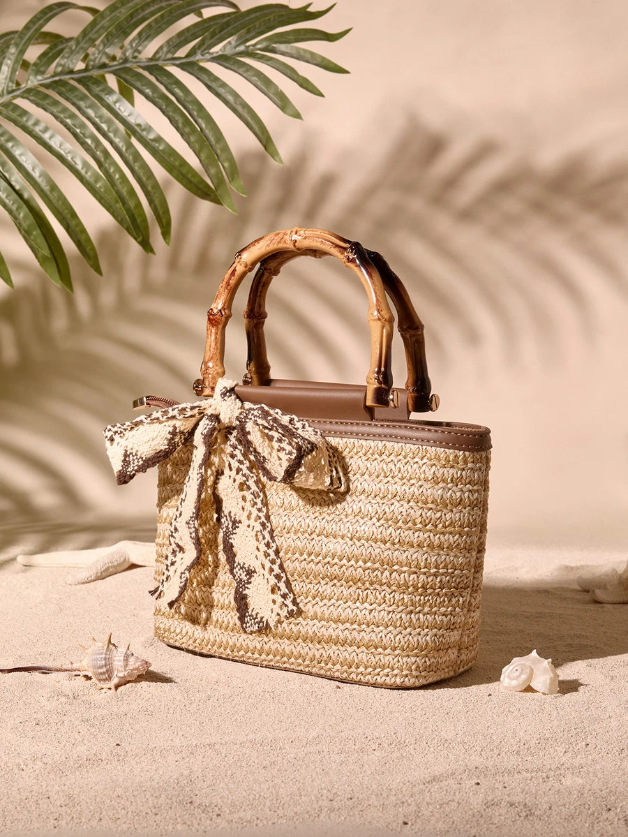 Tropiscape Handmade Woven Bamboo Knot Tote Handbag| Quality Woven Straw + Durable PU Leather Patchwork, Japanese Vintage Style| Bamboo Handle Design Convertible To Handheld Or Shoulder Bag, Large Ca