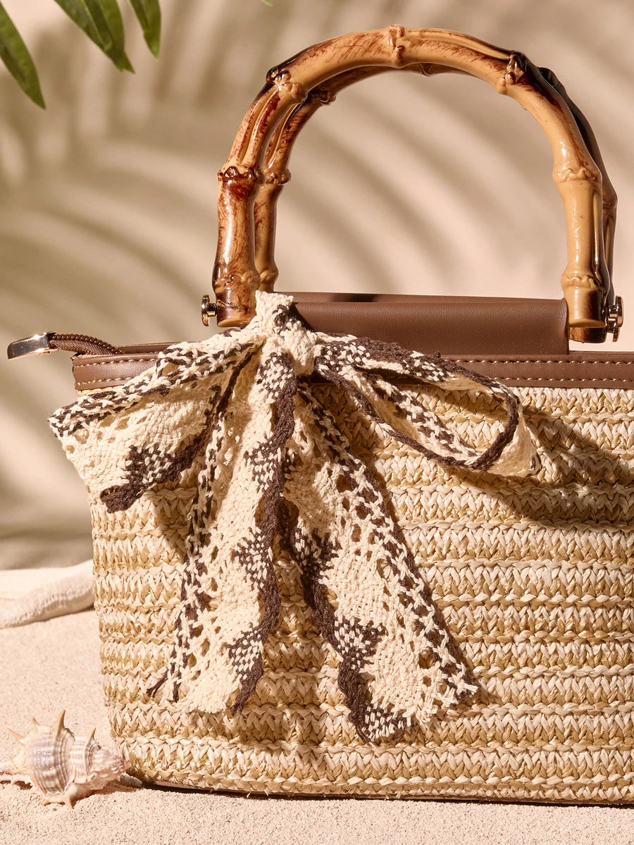 Tropiscape Handmade Woven Bamboo Knot Tote Handbag| Quality Woven Straw + Durable PU Leather Patchwork, Japanese Vintage Style| Bamboo Handle Design Convertible To Handheld Or Shoulder Bag, Large Ca