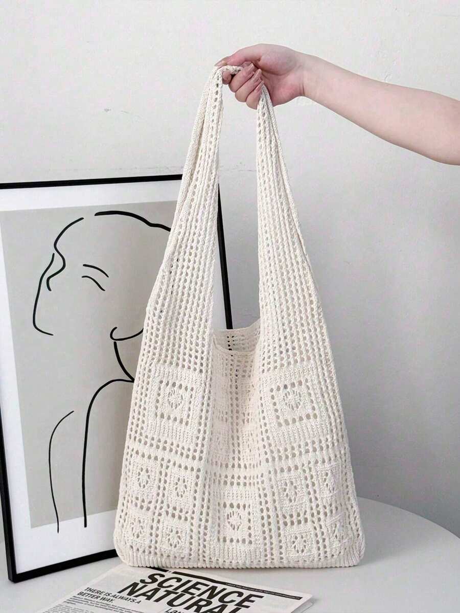 Women's Crocheted Tote Bag, Hollow Solid Color, Vacation Style For Going Out Shopping., Crochet,Holiday,Straw Bag