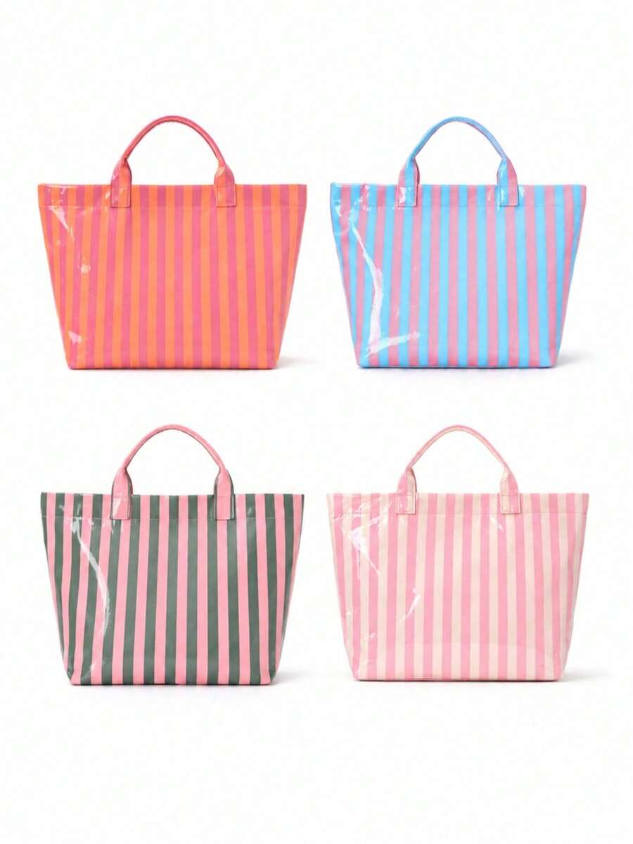 Striped PVC Coated Tote Bag, Large Capacity Travel Handbag, Suitable For Beach, Pool, Shopping, Vacation, Picnic And Daily Carry