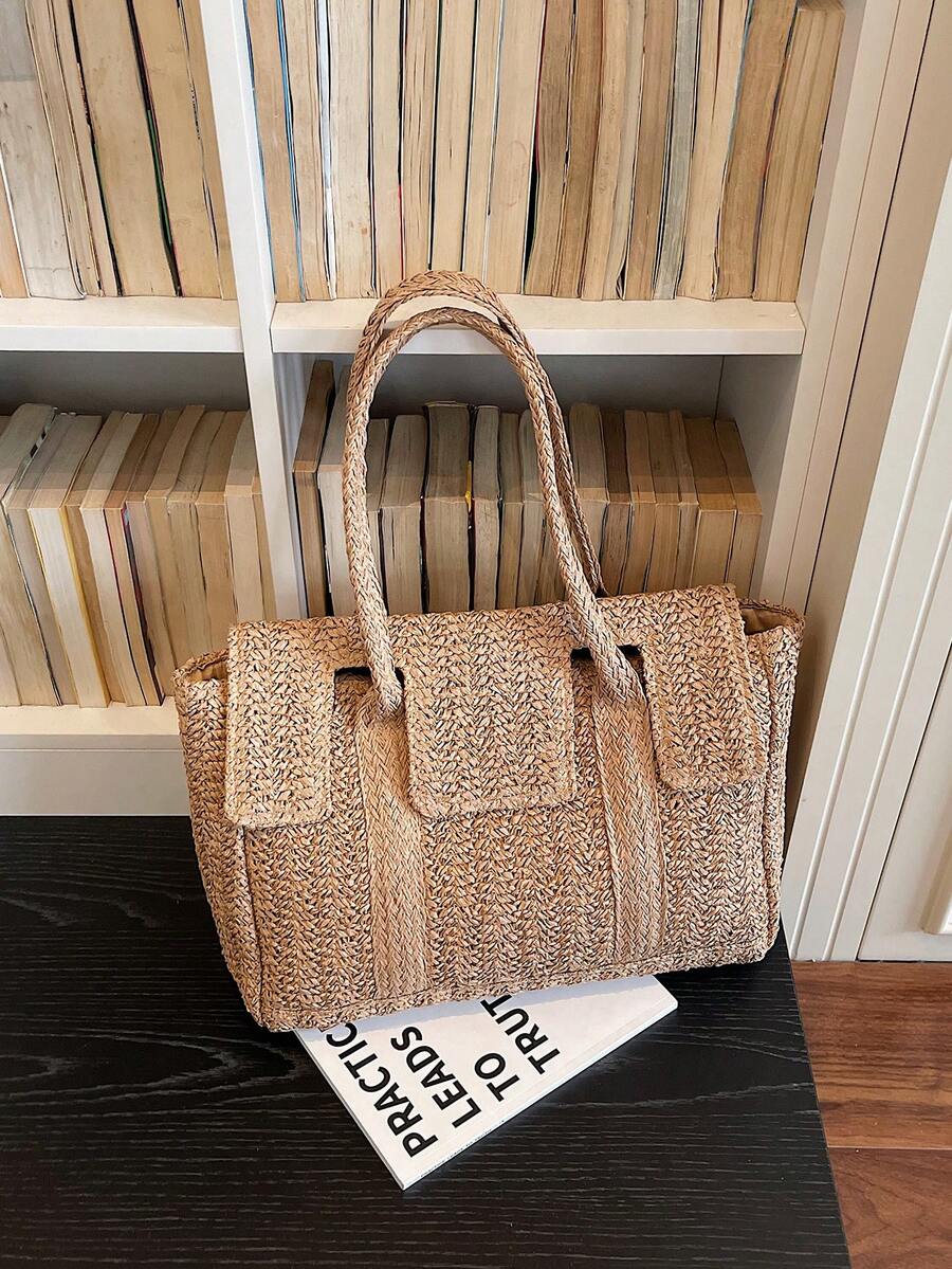 Vintage Postman Style Straw Woven Tote Bag, Women's Large Capacity Vacation Shoulder Bag, Versatile Commuter Briefcase