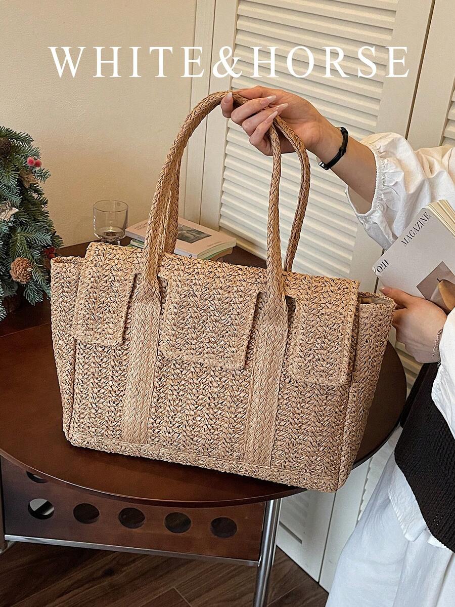Vintage Postman Style Straw Woven Tote Bag, Women's Large Capacity Vacation Shoulder Bag, Versatile Commuter Briefcase