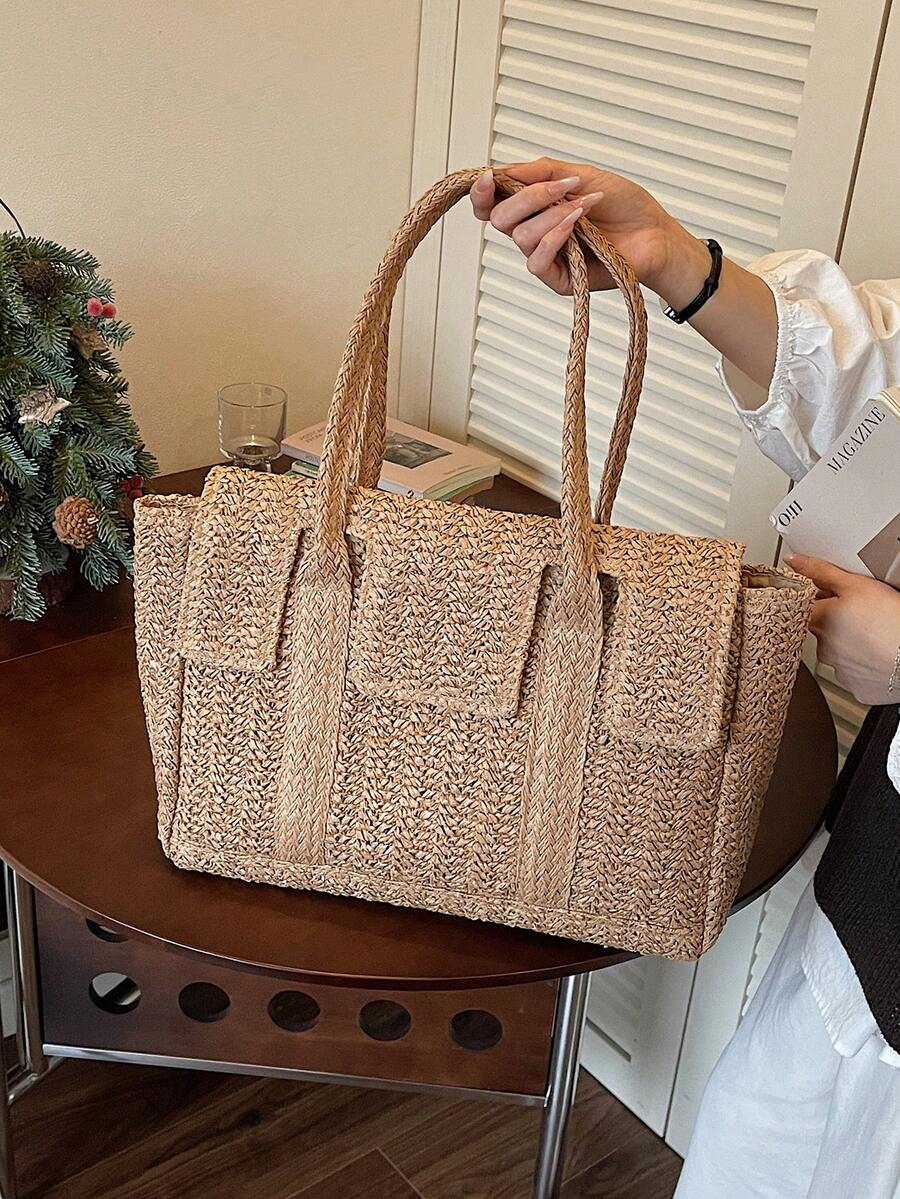 Vintage Postman Style Straw Woven Tote Bag, Women's Large Capacity Vacation Shoulder Bag, Versatile Commuter Briefcase