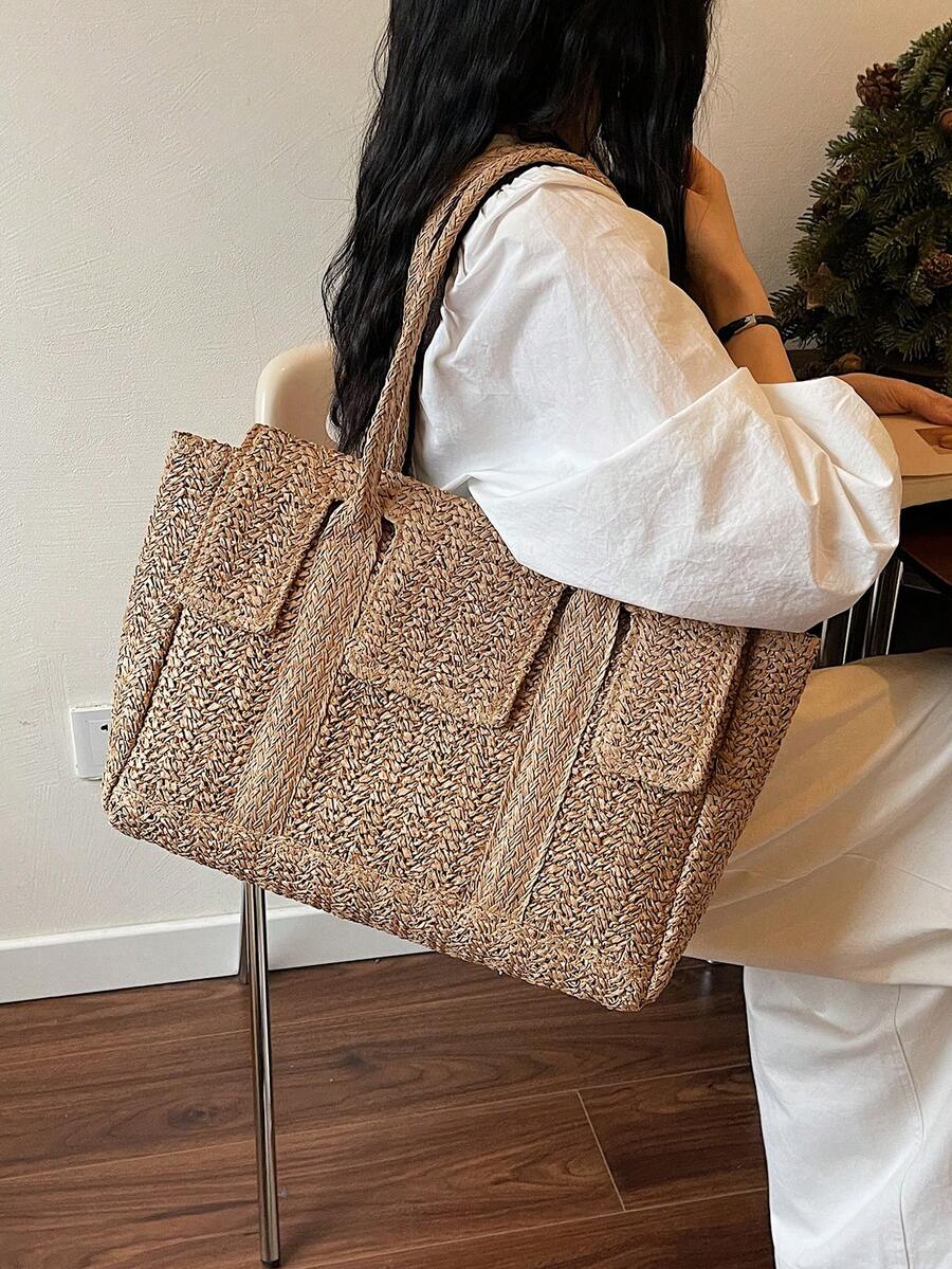 Vintage Postman Style Straw Woven Tote Bag, Women's Large Capacity Vacation Shoulder Bag, Versatile Commuter Briefcase