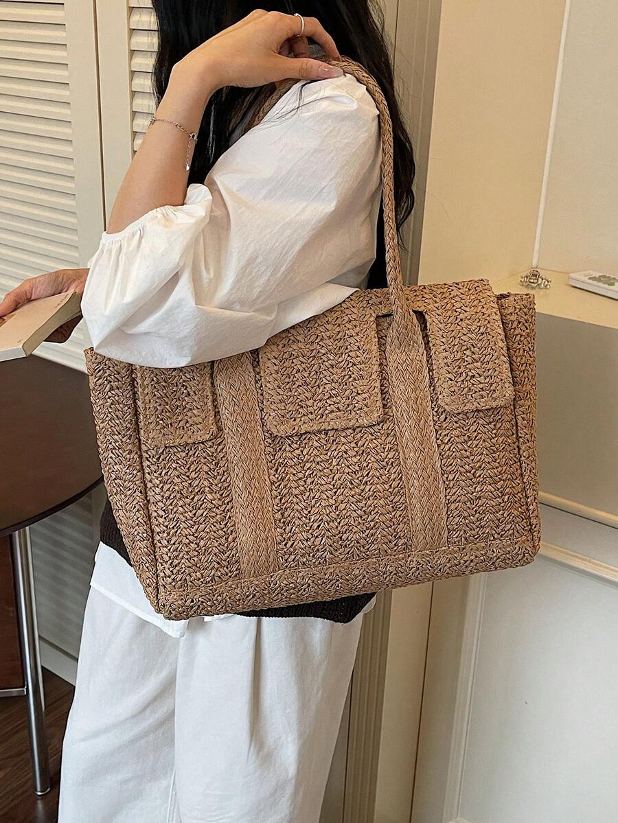 Vintage Postman Style Straw Woven Tote Bag, Women's Large Capacity Vacation Shoulder Bag, Versatile Commuter Briefcase