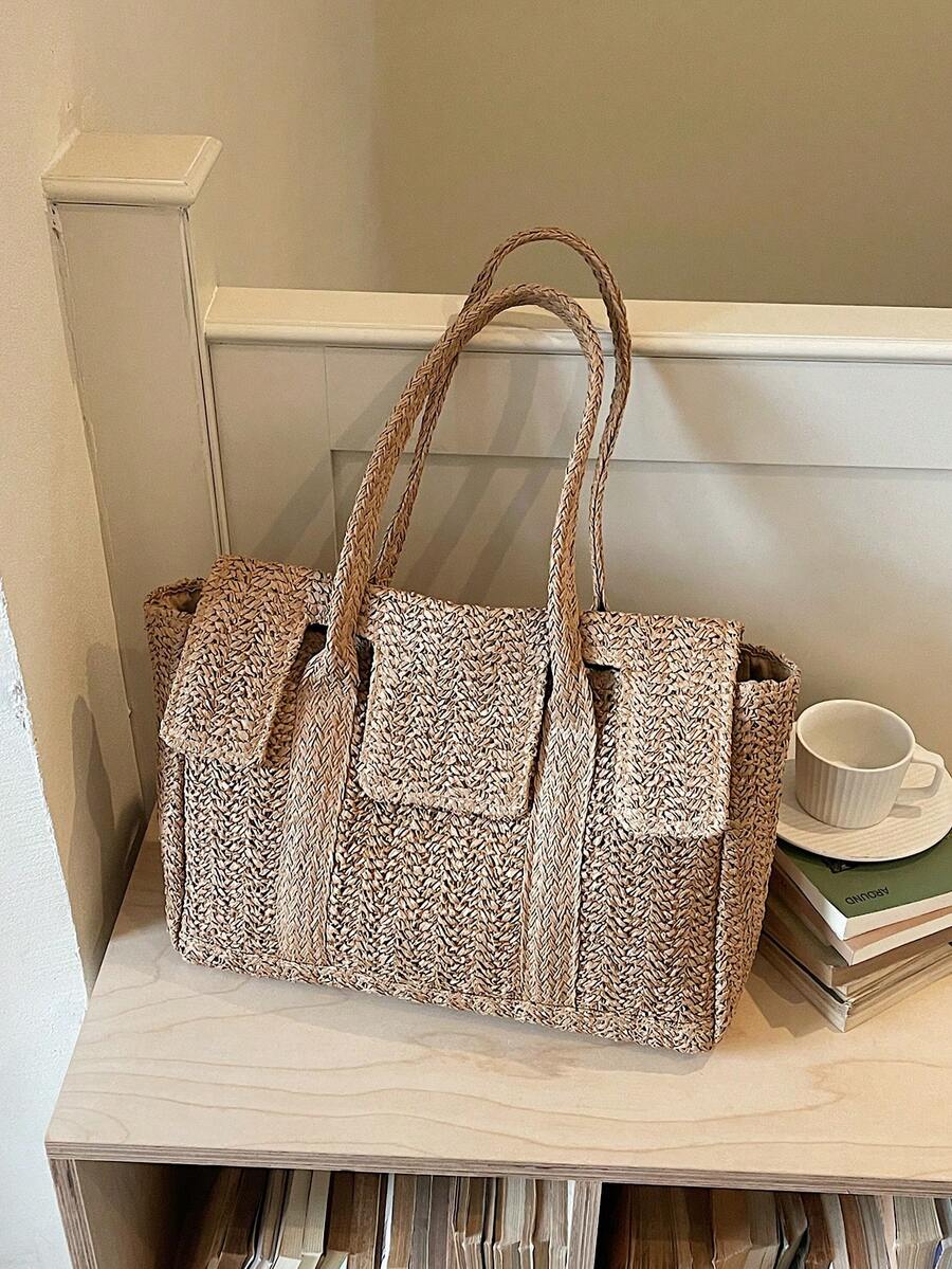 Vintage Postman Style Straw Woven Tote Bag, Women's Large Capacity Vacation Shoulder Bag, Versatile Commuter Briefcase