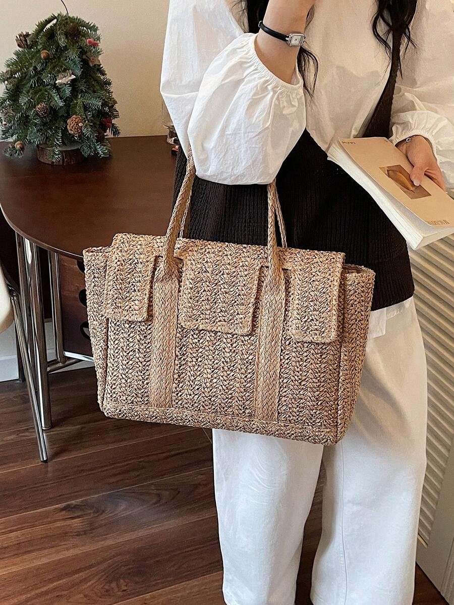 Vintage Postman Style Straw Woven Tote Bag, Women's Large Capacity Vacation Shoulder Bag, Versatile Commuter Briefcase
