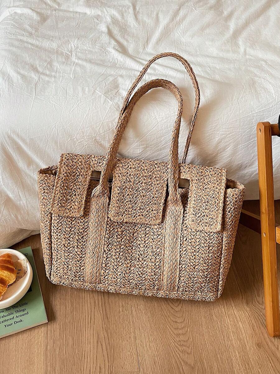 Vintage Postman Style Straw Woven Tote Bag, Women's Large Capacity Vacation Shoulder Bag, Versatile Commuter Briefcase