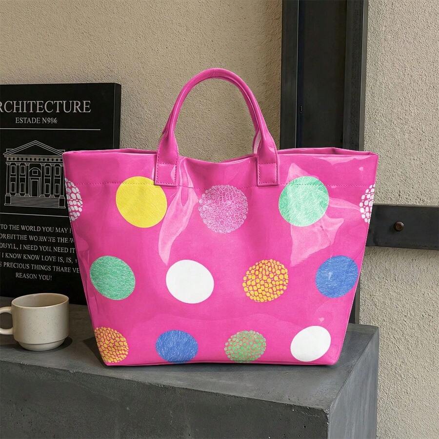 Women's High Quality/PVC Handbag With Zipper Closure & Machine Washable Tote Suitable For Travel, Work, Beach- Multi-Color Dot Print/P Shoulder Bag