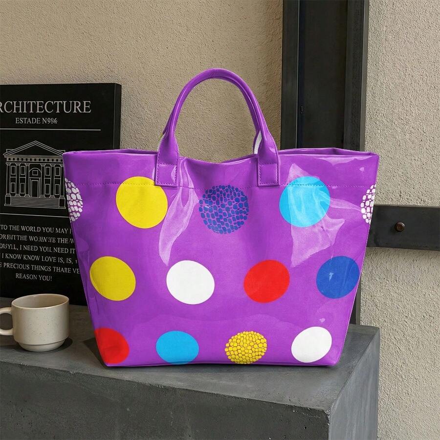 Women's High Quality/PVC Handbag With Zipper Closure & Machine Washable Tote Suitable For Travel, Work, Beach- Multi-Color Dot Print/P Shoulder Bag