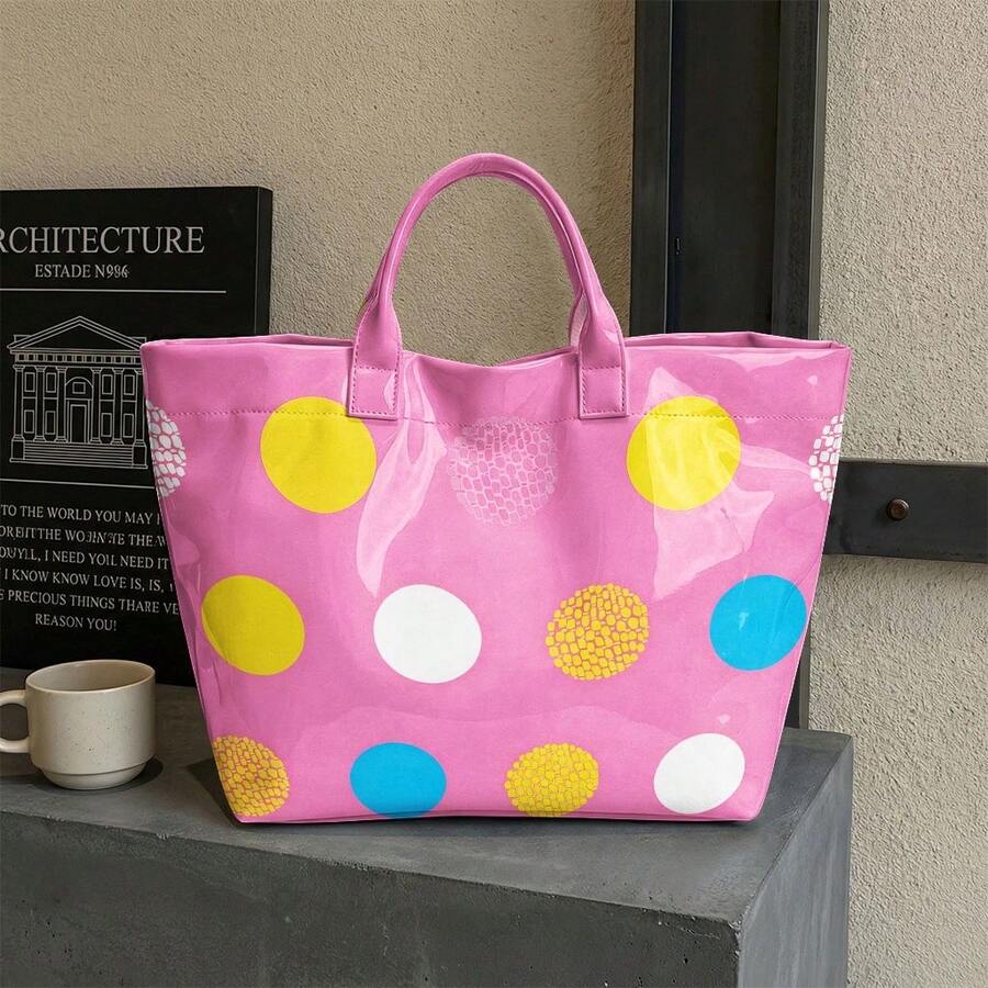 Women's High Quality/PVC Handbag With Zipper Closure & Machine Washable Tote Suitable For Travel, Work, Beach- Multi-Color Dot Print/P Shoulder Bag