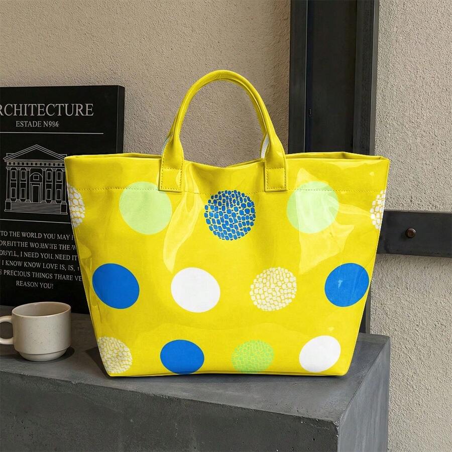 Women's High Quality/PVC Handbag With Zipper Closure & Machine Washable Tote Suitable For Travel, Work, Beach- Multi-Color Dot Print/P Shoulder Bag