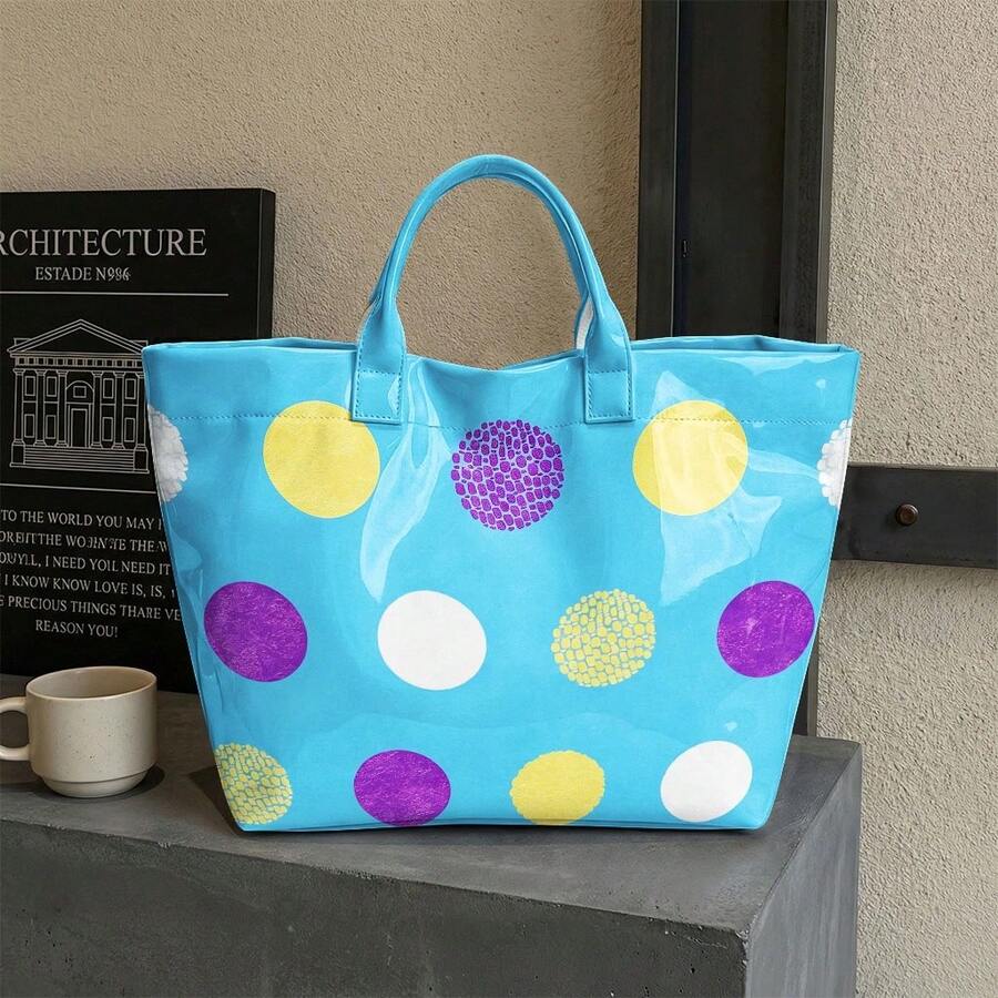 Women's High Quality/PVC Handbag With Zipper Closure & Machine Washable Tote Suitable For Travel, Work, Beach- Multi-Color Dot Print/P Shoulder Bag
