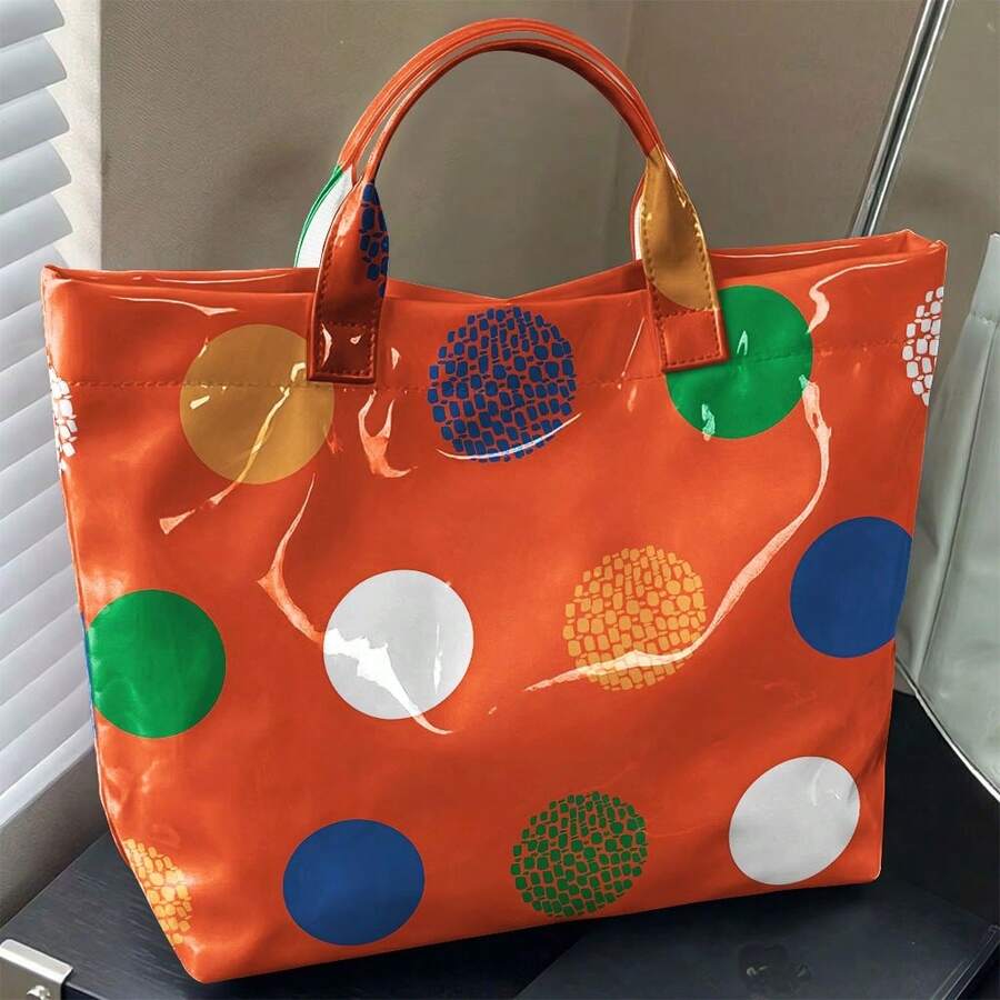 Women's High Quality/PVC Handbag With Zipper Closure & Machine Washable Tote Suitable For Travel, Work, Beach- Multi-Color Dot Print/P Shoulder Bag