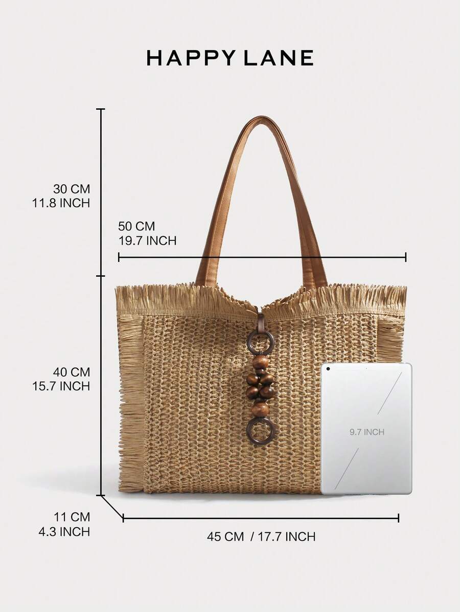HAPPY LANE Large Capacity Tassel Woven Tote Bag. Niche Design, Large Capacity Tote Bag Shape
