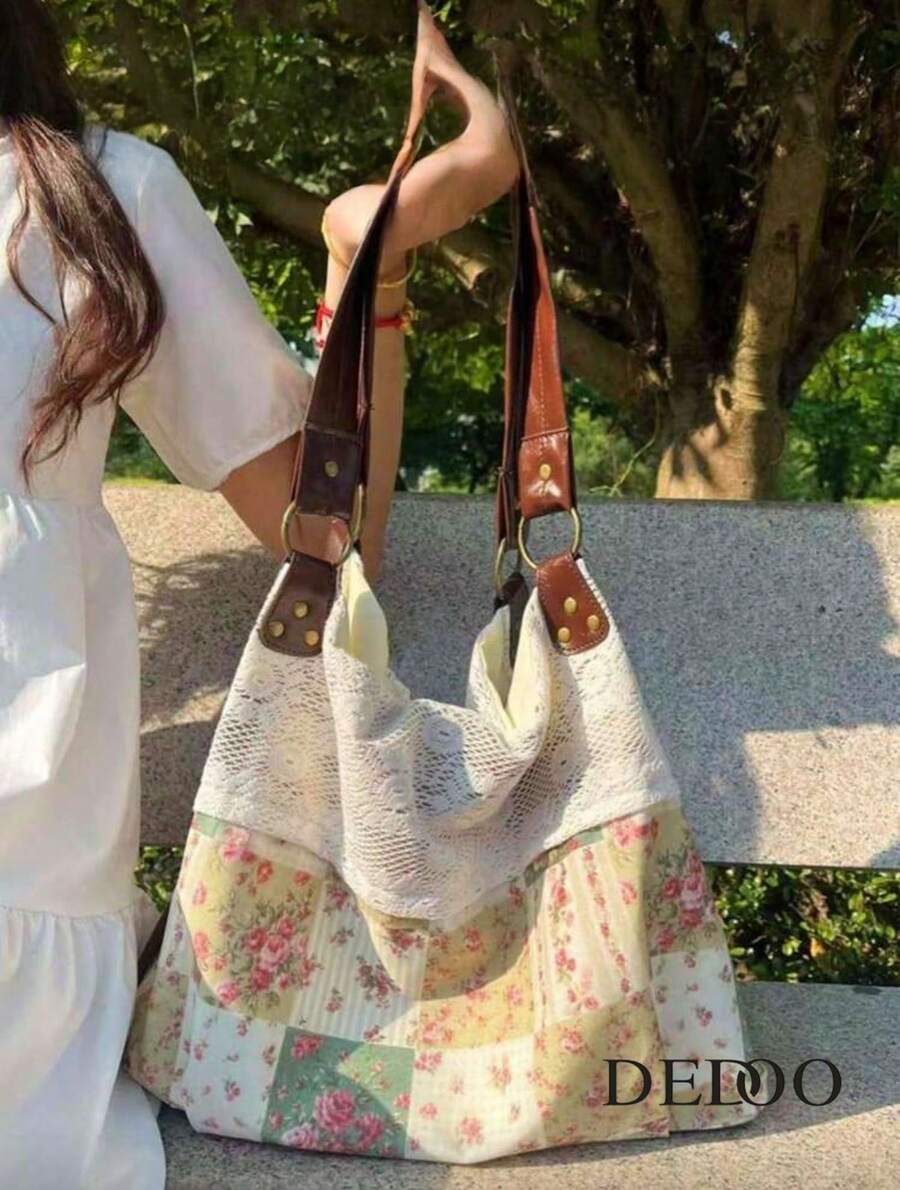 Back To School Tote Bag, Lace Large Capacity Versatile Fashion Bag, Retro Campus Commute Tote Bag, Foldable, Suitable For College Students, Office Bag