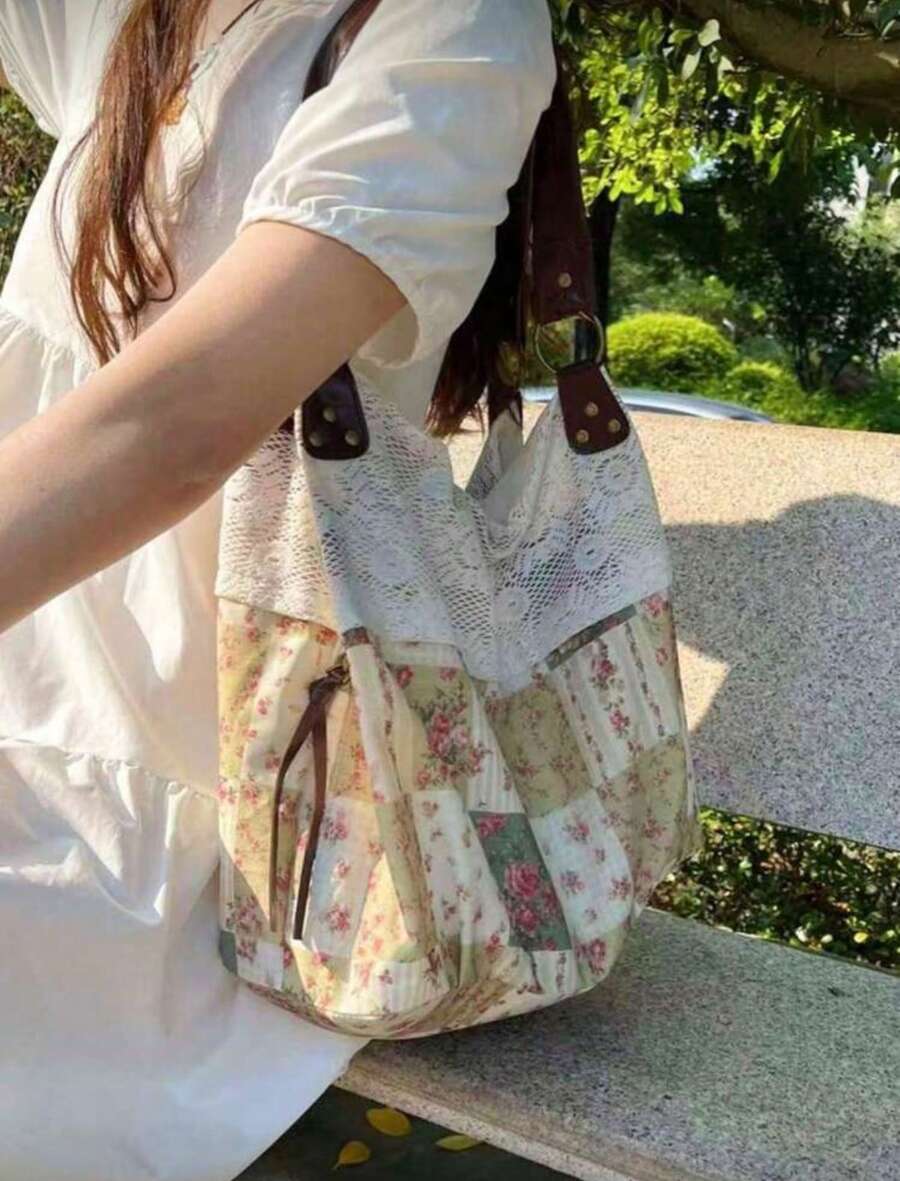 Back To School Tote Bag, Lace Large Capacity Versatile Fashion Bag, Retro Campus Commute Tote Bag, Foldable, Suitable For College Students, Office Bag