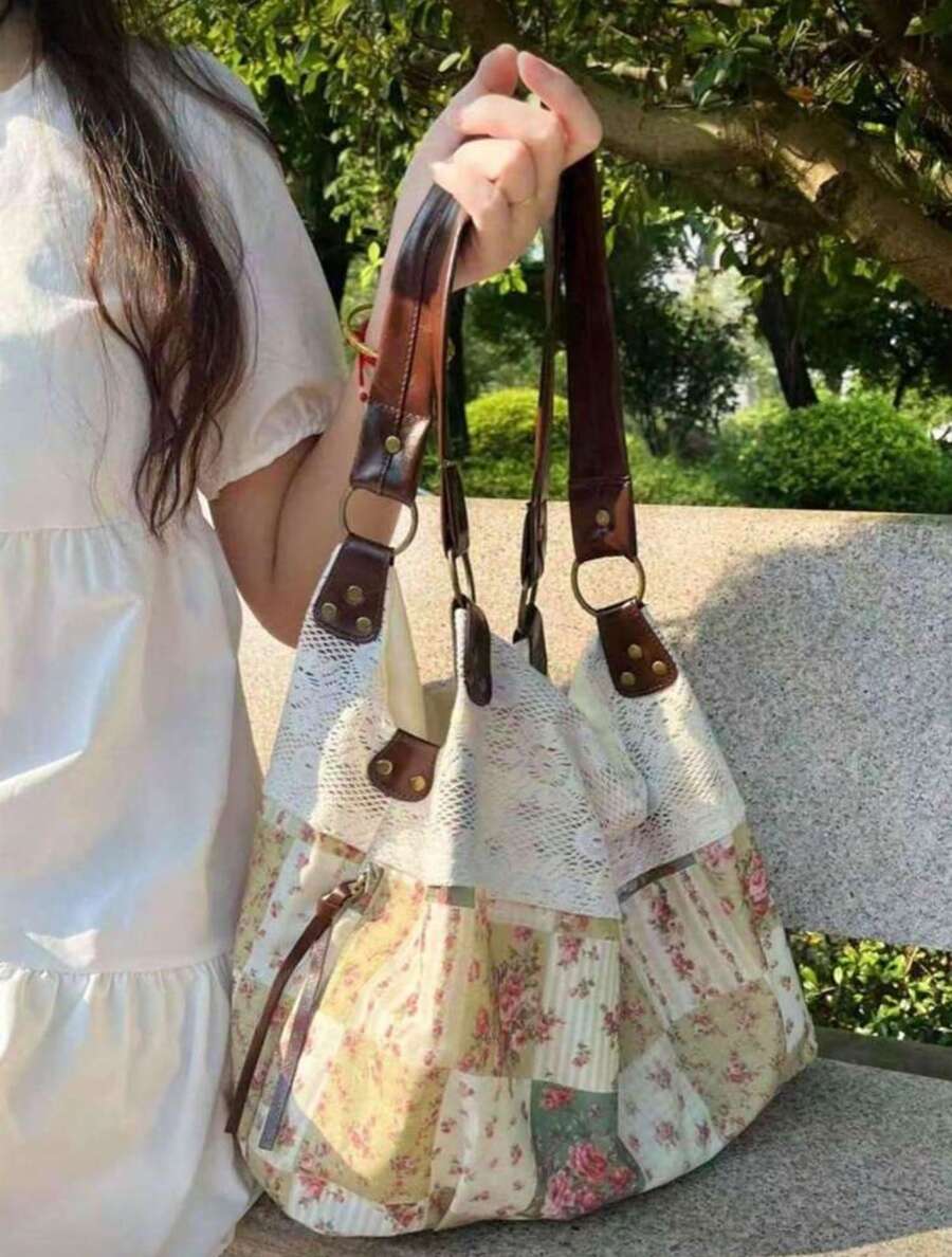 Back To School Tote Bag, Lace Large Capacity Versatile Fashion Bag, Retro Campus Commute Tote Bag, Foldable, Suitable For College Students, Office Bag