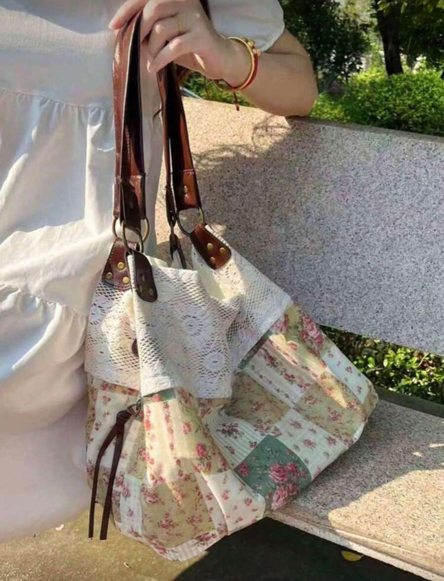 Back To School Tote Bag, Lace Large Capacity Versatile Fashion Bag, Retro Campus Commute Tote Bag, Foldable, Suitable For College Students, Office Bag