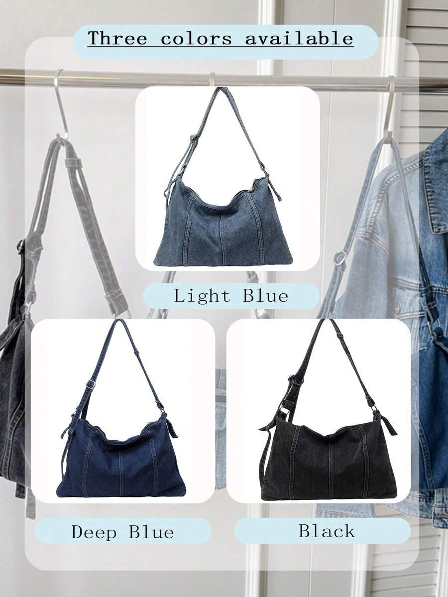 Streetwear Large Capacity Denim Handbag Heavy-Duty Shoulder Bag For Girls Soft Crossbody Bag Ideal For Shopping Beach Travel Vacation Back To School