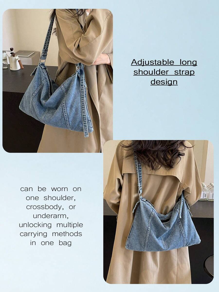 Streetwear Large Capacity Denim Handbag Heavy-Duty Shoulder Bag For Girls Soft Crossbody Bag Ideal For Shopping Beach Travel Vacation Back To School