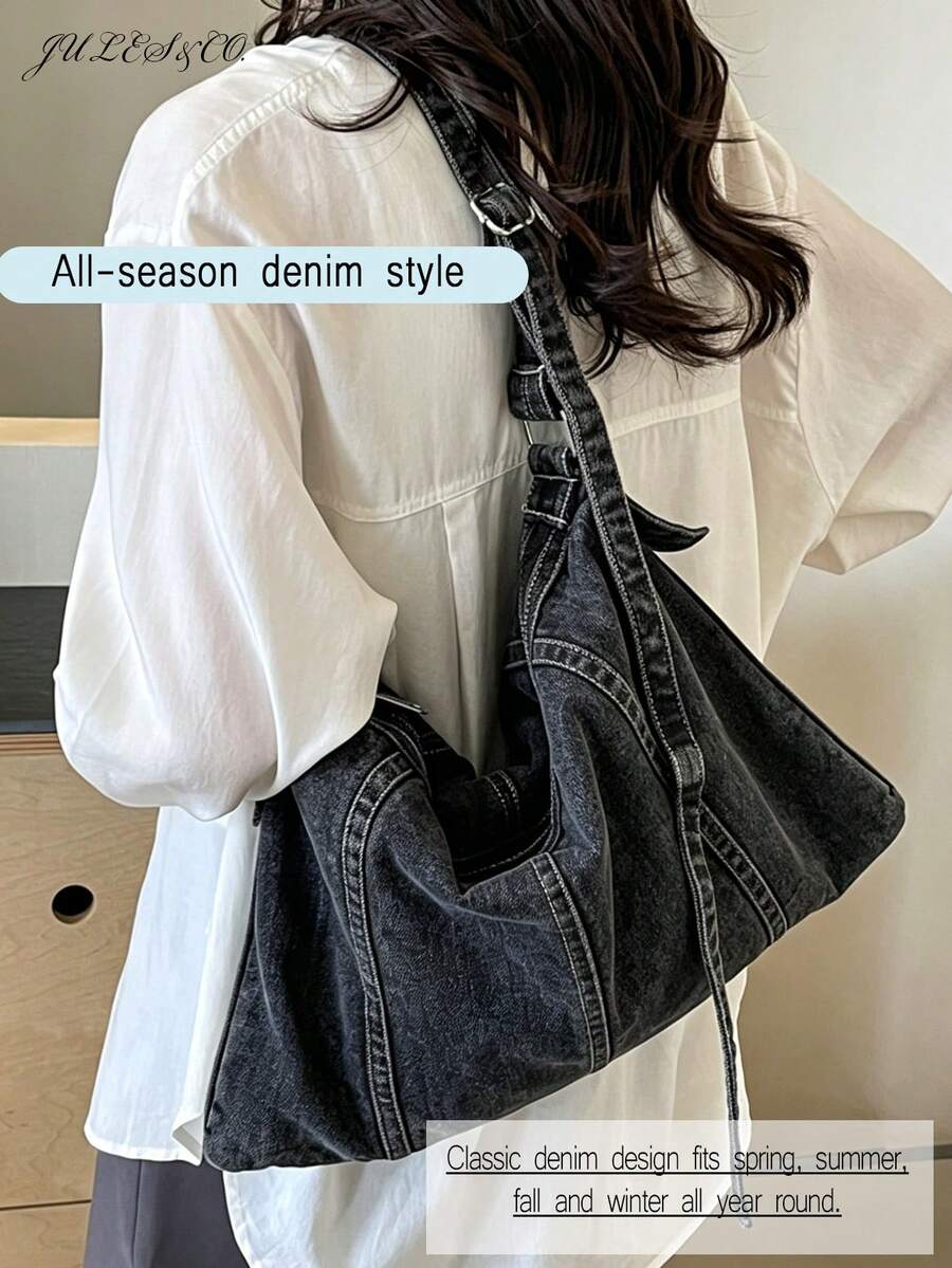 Streetwear Large Capacity Denim Handbag Heavy-Duty Shoulder Bag For Girls Soft Crossbody Bag Ideal For Shopping Beach Travel Vacation Back To School