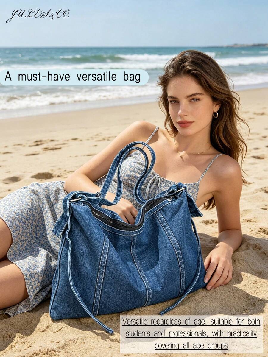 Streetwear Large Capacity Denim Handbag Heavy-Duty Shoulder Bag For Girls Soft Crossbody Bag Ideal For Shopping Beach Travel Vacation Back To School