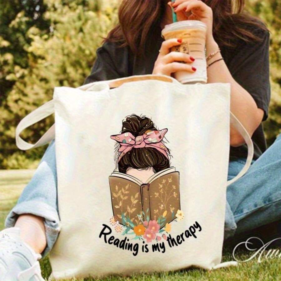 Women Book Lovers Tote Bag- Large Capacity Bookworm Gift With "Reading Is My " Quote- Beige/ Floral Literary Design- Durable Canvas-Like Polyester Bag For Library, Travel, Birthday/Mother's Day/Chr