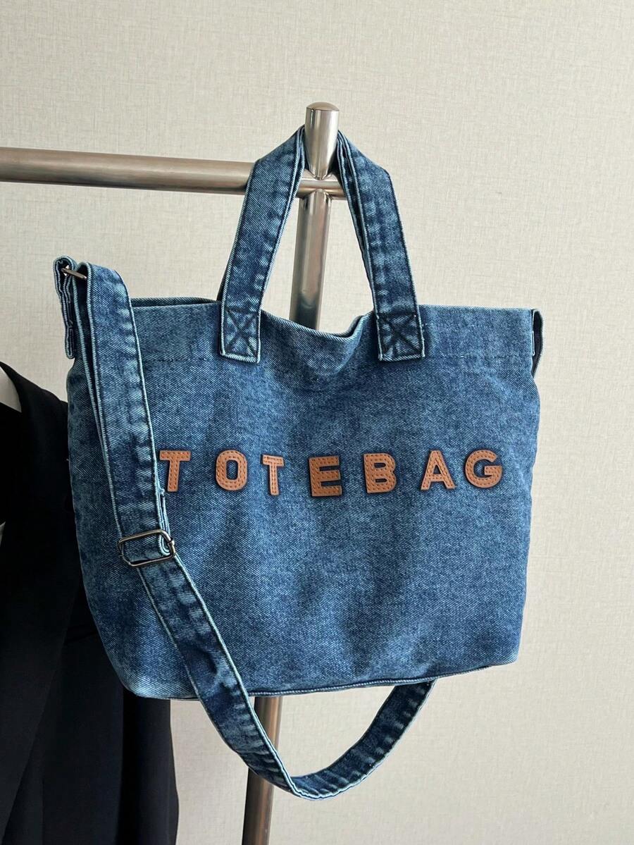 New Casual Chic Washed Jeans Tote Bag: Fashionable Letter-Embellished Handbag-Versatile, Spacious Shoulder Bag Perfect For Work, Commuting, Shopping, Travel, And School