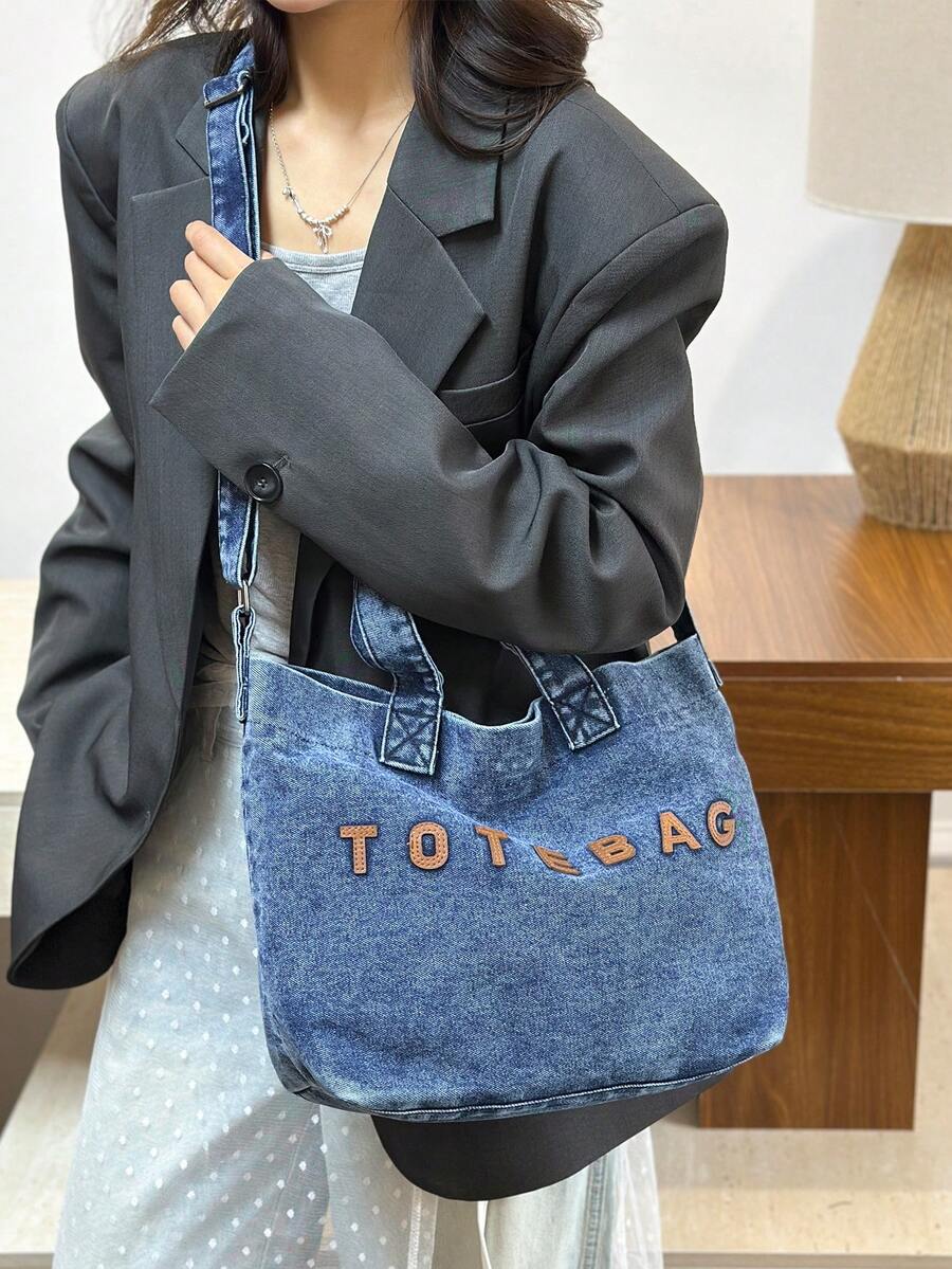 New Casual Chic Washed Jeans Tote Bag: Fashionable Letter-Embellished Handbag-Versatile, Spacious Shoulder Bag Perfect For Work, Commuting, Shopping, Travel, And School