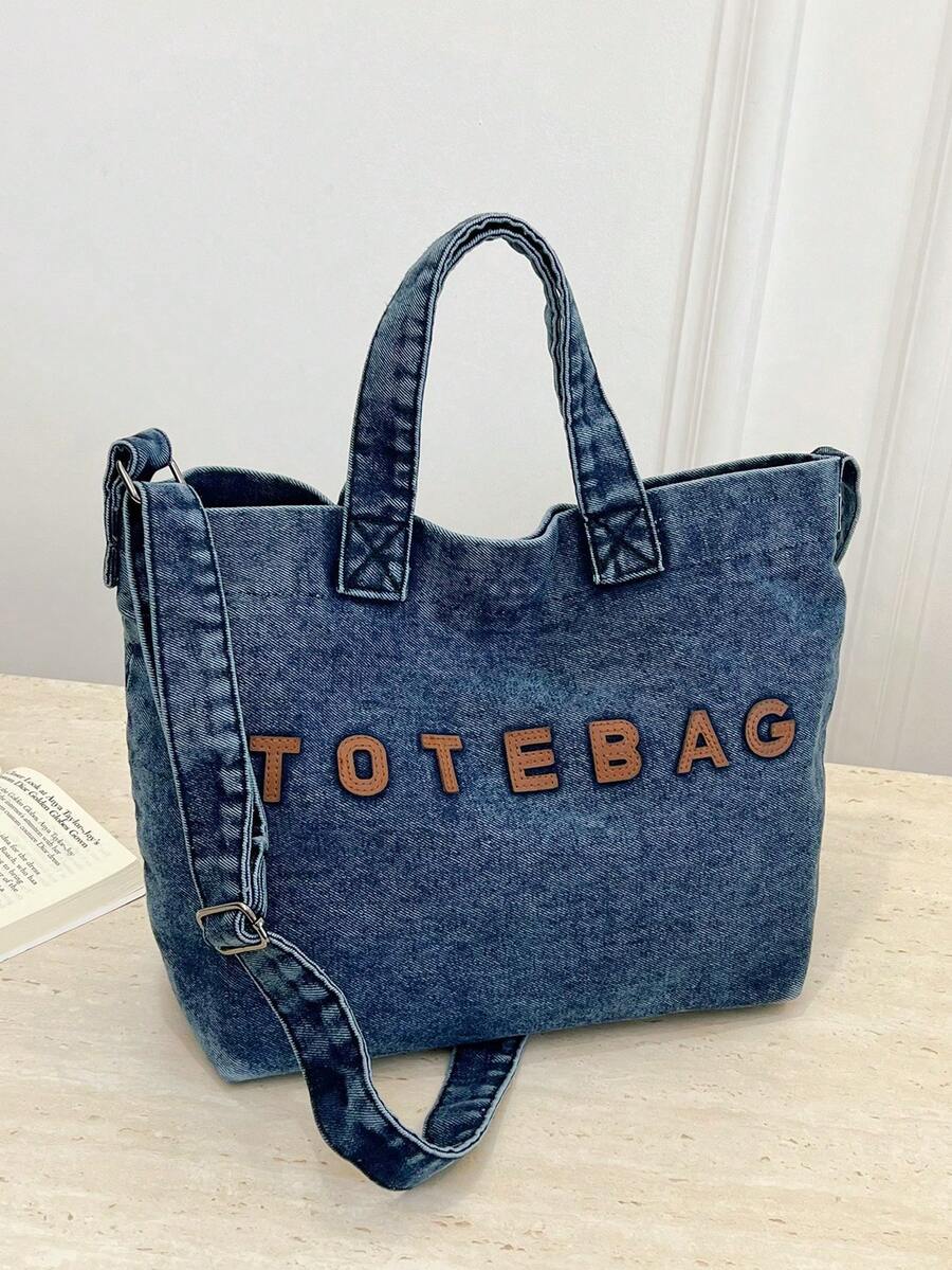 New Casual Chic Washed Jeans Tote Bag: Fashionable Letter-Embellished Handbag-Versatile, Spacious Shoulder Bag Perfect For Work, Commuting, Shopping, Travel, And School
