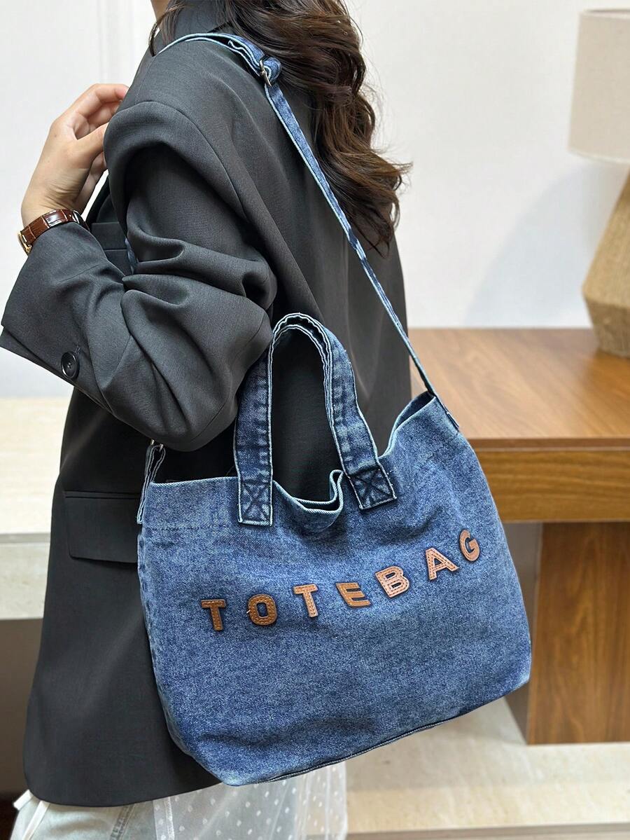 New Casual Chic Washed Jeans Tote Bag: Fashionable Letter-Embellished Handbag-Versatile, Spacious Shoulder Bag Perfect For Work, Commuting, Shopping, Travel, And School