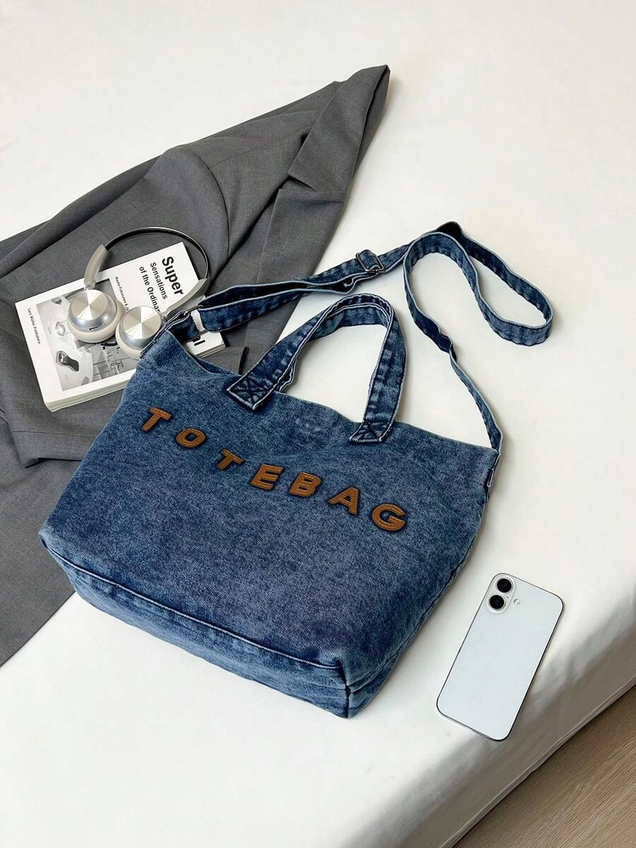 New Casual Chic Washed Jeans Tote Bag: Fashionable Letter-Embellished Handbag-Versatile, Spacious Shoulder Bag Perfect For Work, Commuting, Shopping, Travel, And School