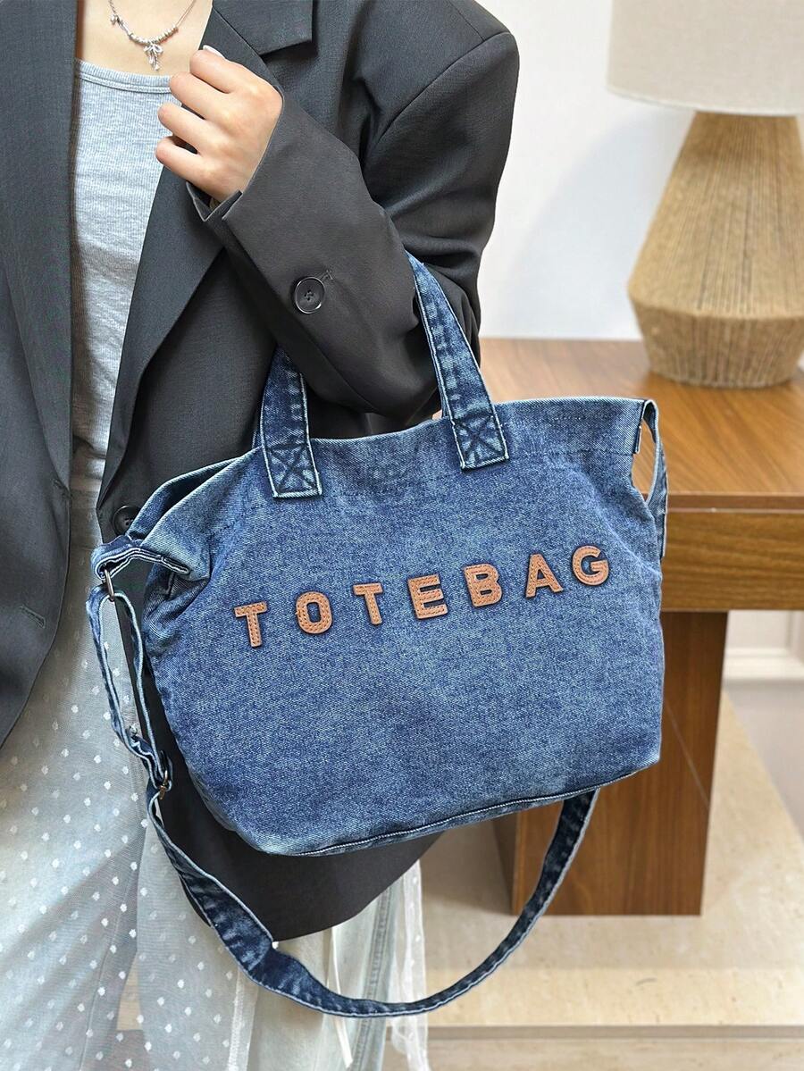 New Casual Chic Washed Jeans Tote Bag: Fashionable Letter-Embellished Handbag-Versatile, Spacious Shoulder Bag Perfect For Work, Commuting, Shopping, Travel, And School