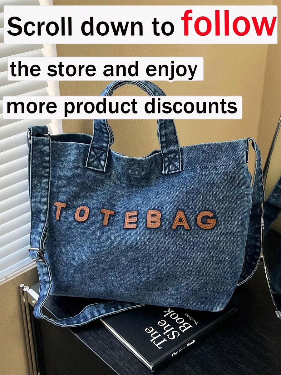 New Casual Chic Washed Jeans Tote Bag: Fashionable Letter-Embellished Handbag-Versatile, Spacious Shoulder Bag Perfect For Work, Commuting, Shopping, Travel, And School