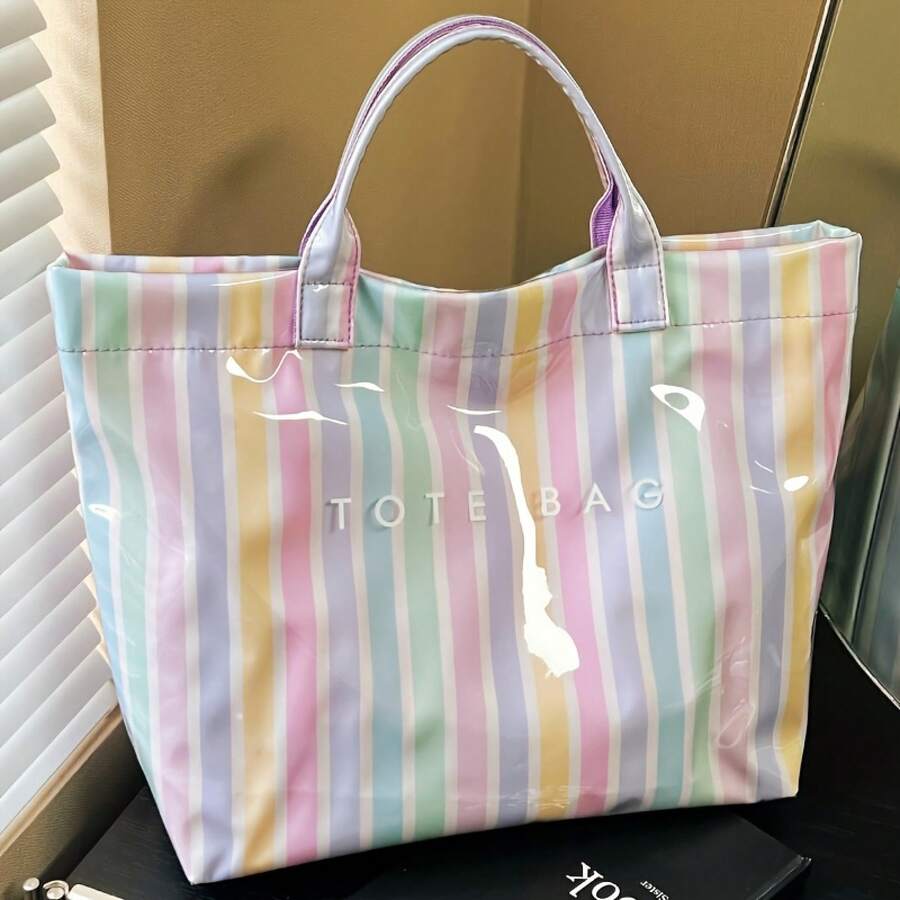 New Fashion Macaron Striped Women'S Small Handbag| Color Lightweight Bag- Easy Letter Print, Large Capacity Casual Tote Handbag, Multi-Compartment