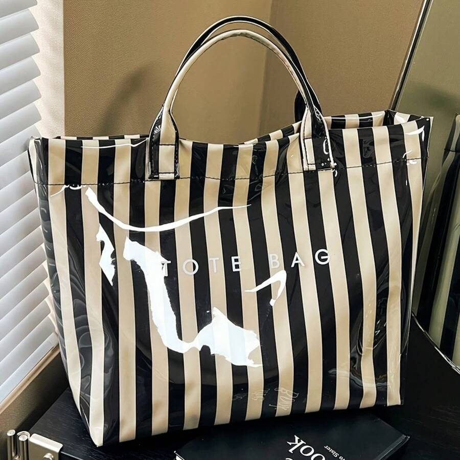 New Fashion Macaron Striped Women'S Small Handbag| Color Lightweight Bag- Easy Letter Print, Large Capacity Casual Tote Handbag, Multi-Compartment