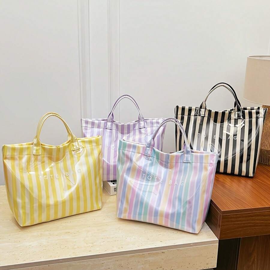 New Fashion Macaron Striped Women'S Small Handbag| Color Lightweight Bag- Easy Letter Print, Large Capacity Casual Tote Handbag, Multi-Compartment