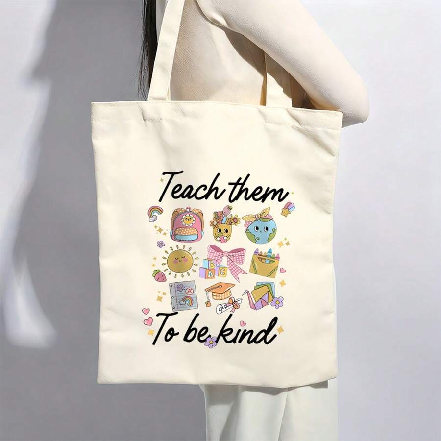 1pc Women's Teach Them To Be Kind Large Tote Bag- Durable Canvas Reusable Shopping Bag With Kindness Message, Spacious For Work/School/Travel, Elegant Kindness Promotion Gift (Teach To Be)