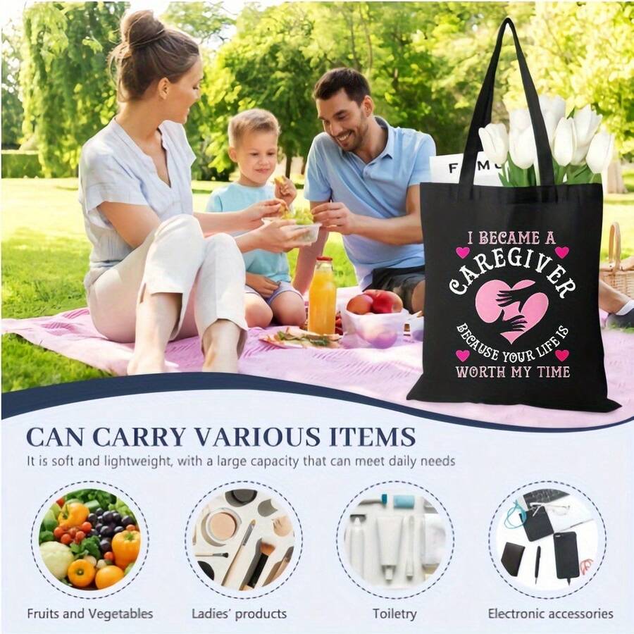 1 Piece Of "Being A Caregiver Because It's Worth It" Printed Canvas Tote Bag, Essential For Work, Travel, Picnics, And Parties, With Interesting Illustrations, Suitable As A Gift, Ideal For Back-To-Sc