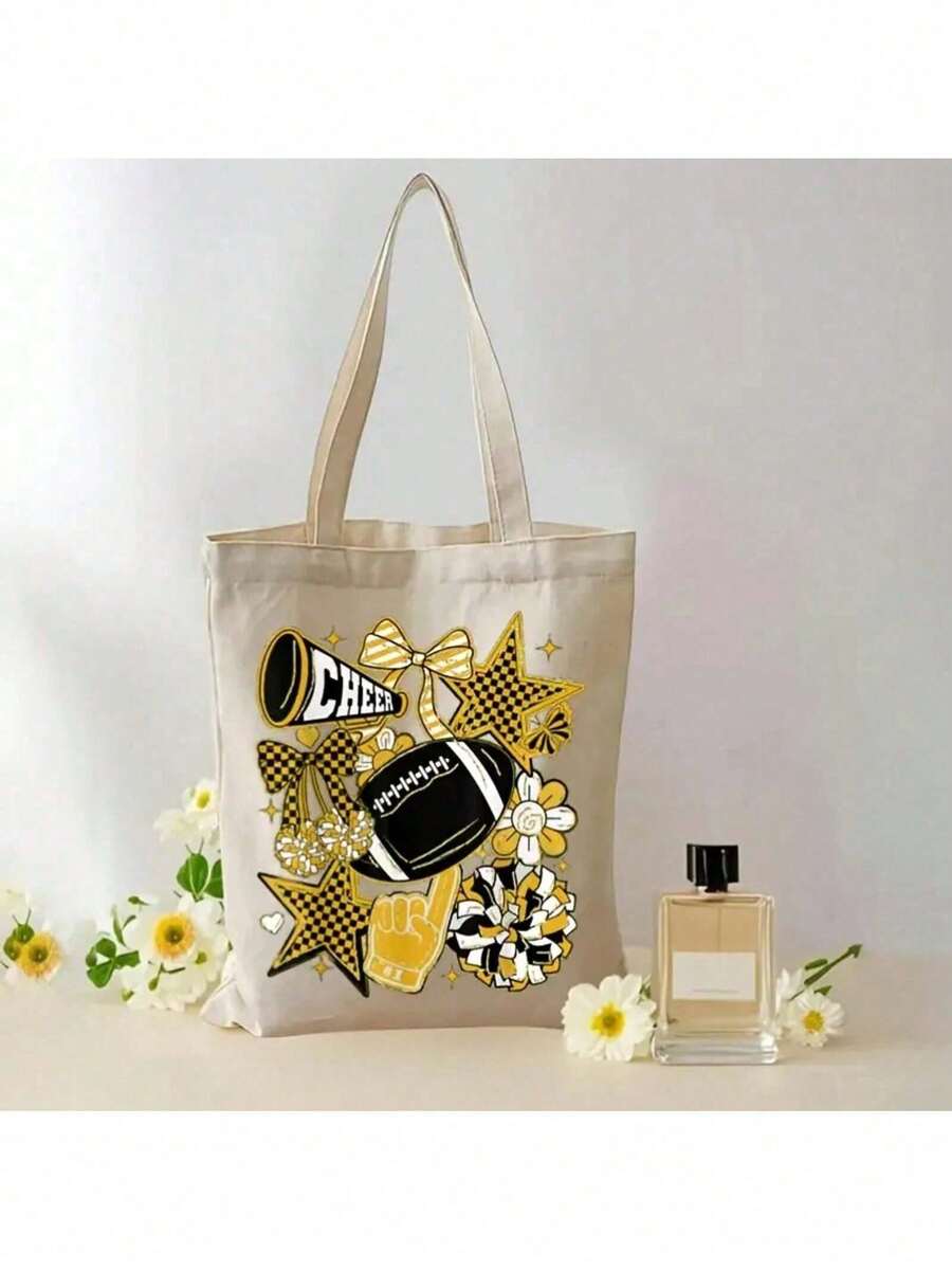1pc Women'S Retro Football Cheer Tote Bag With Coquette Bow & Touchdown Print- Golden & Black Game Day Design, Reusable Grocery Shopping Bag, Fade-Resistant, Fixed Shoulder Straps, Unlined Open-Top